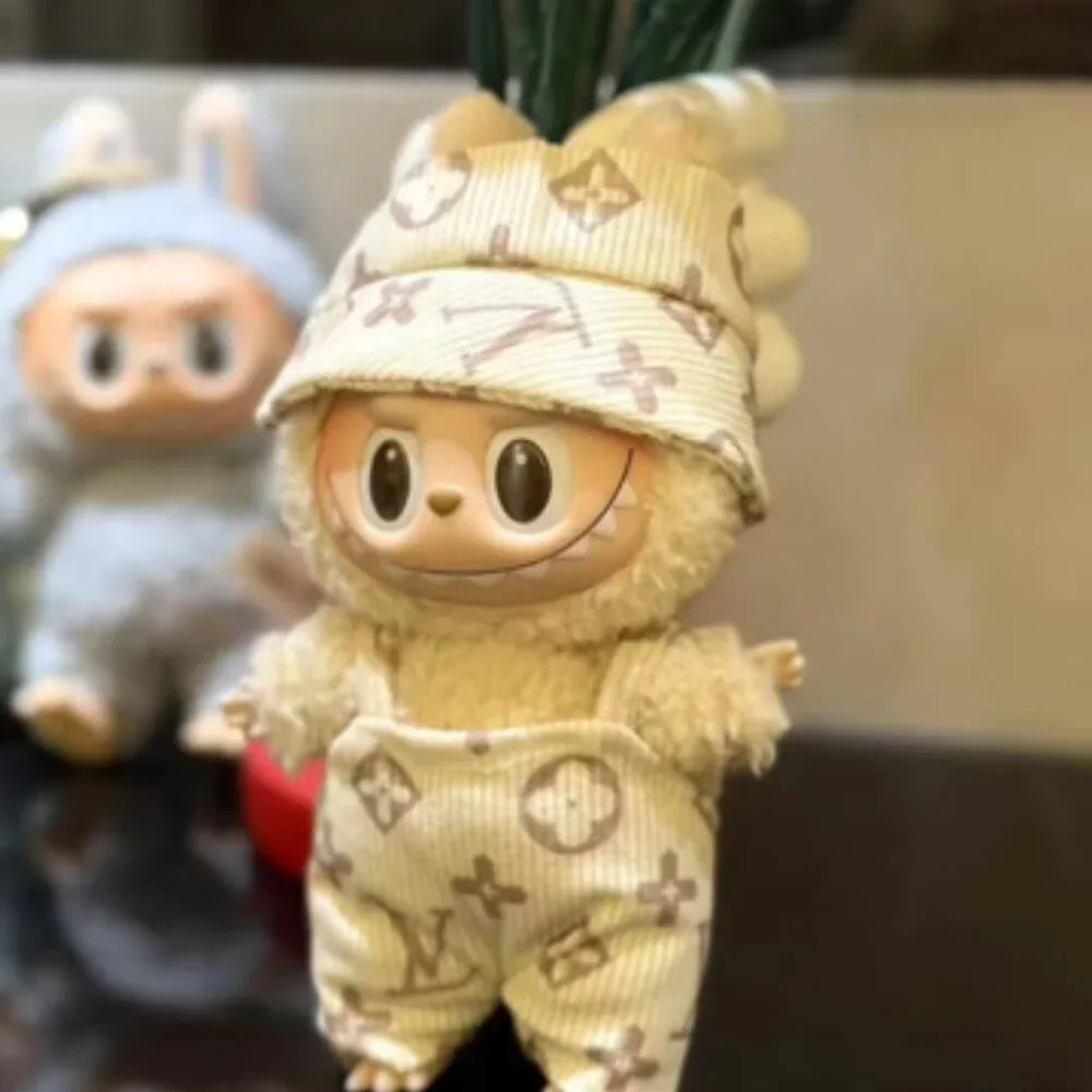 Cream Patterned Labubu Clothes Set - LV Beige Overalls and Beanie - Picture 2 of 2